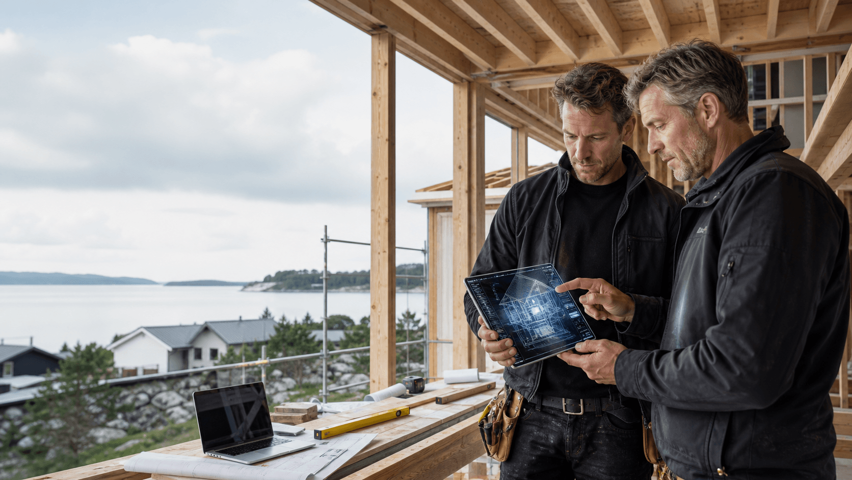 To byggmestere ser på en iPad ved et nordnorsk byggeprosjekt med fjord i bakgrunnen