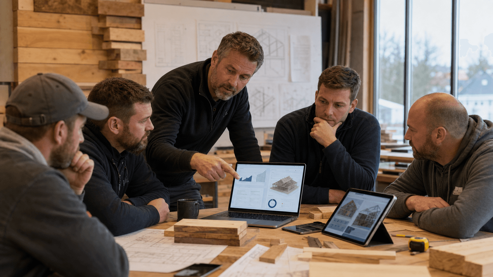 En byggmester underviser en gruppe håndverkere rundt et bord med iPad og tegninger