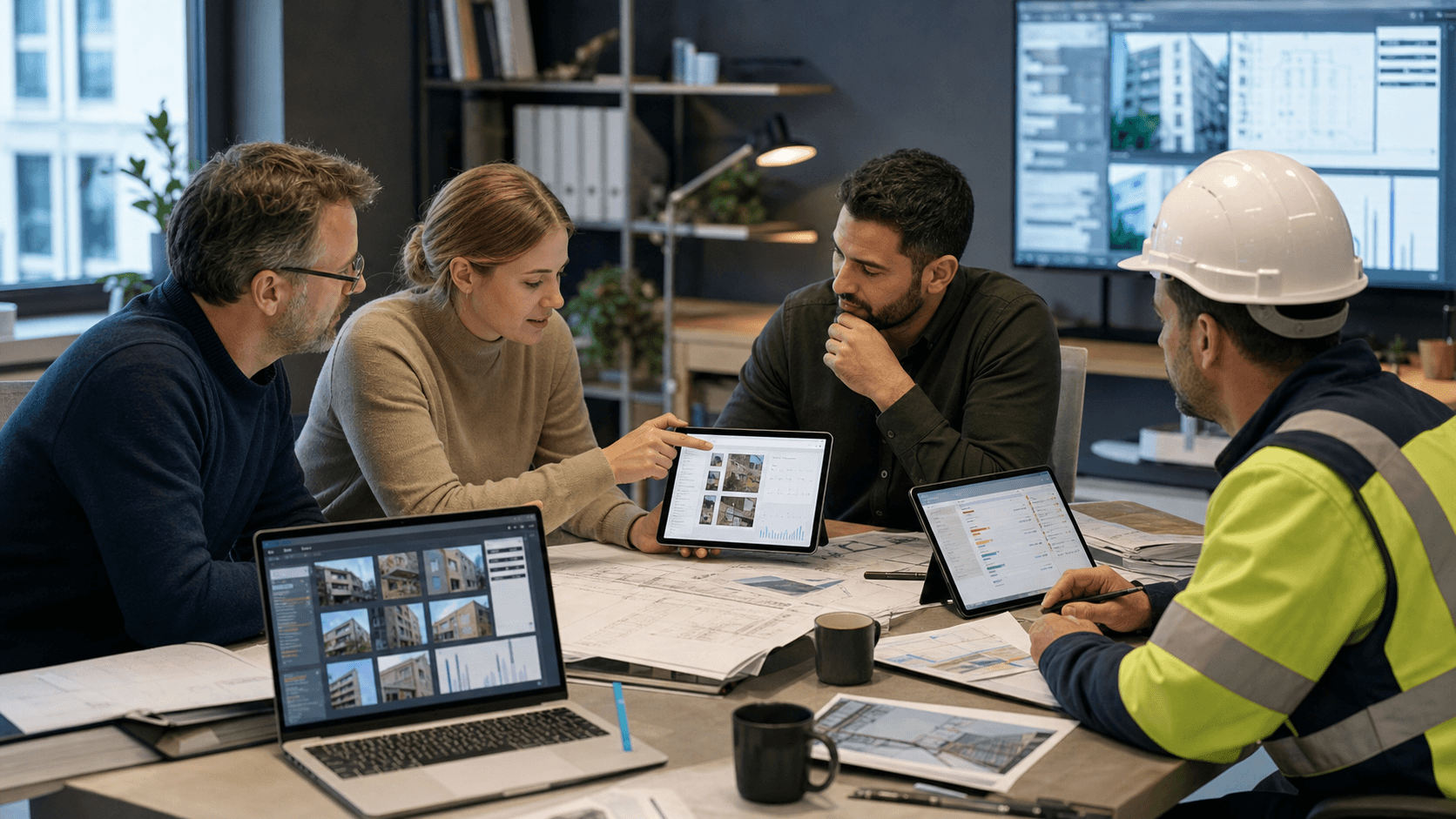 Et tverrfaglig team av norske byggfag-folk samarbeider om en rapport på to laptoper